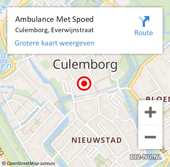 Locatie op kaart van de 112 melding: Ambulance Met Spoed Naar Culemborg, Everwijnstraat op 27 juni 2021 18:20