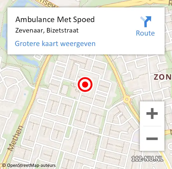 Locatie op kaart van de 112 melding: Ambulance Met Spoed Naar Zevenaar, Bizetstraat op 27 juni 2021 19:32