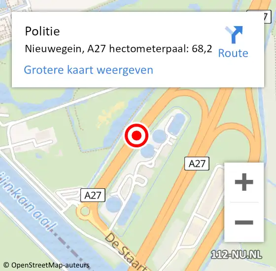 Locatie op kaart van de 112 melding: Politie Nieuwegein, A27 hectometerpaal: 68,2 op 27 juni 2021 20:33