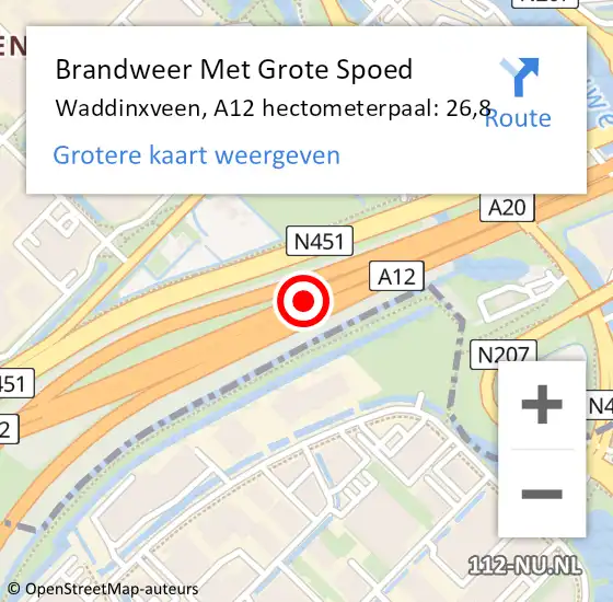 Locatie op kaart van de 112 melding: Brandweer Met Grote Spoed Naar Waddinxveen, A12 hectometerpaal: 26,8 op 27 juni 2021 21:12