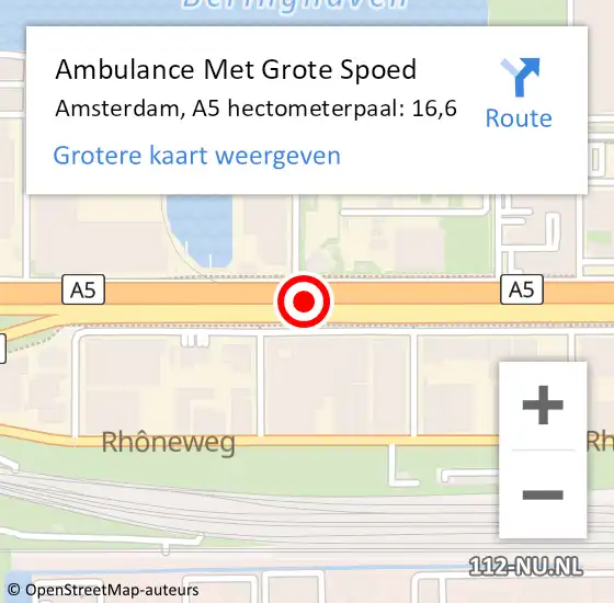 Locatie op kaart van de 112 melding: Ambulance Met Grote Spoed Naar Amsterdam, A5 hectometerpaal: 16,6 op 27 juni 2021 21:13