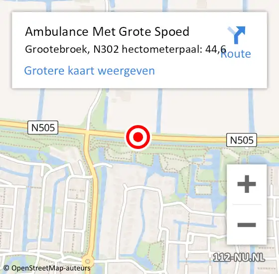 Locatie op kaart van de 112 melding: Ambulance Met Grote Spoed Naar Grootebroek, N302 hectometerpaal: 44,6 op 14 juni 2014 15:02
