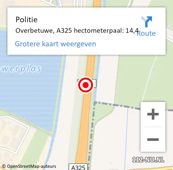 Locatie op kaart van de 112 melding: Politie Overbetuwe, A325 hectometerpaal: 14,4 op 27 juni 2021 21:52