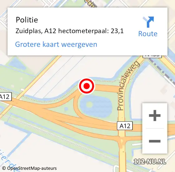 Locatie op kaart van de 112 melding: Politie Zuidplas, A12 hectometerpaal: 23,1 op 27 juni 2021 22:21