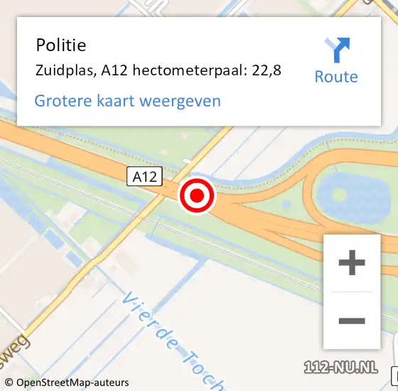 Locatie op kaart van de 112 melding: Politie Zuidplas, A12 hectometerpaal: 22,8 op 27 juni 2021 22:38