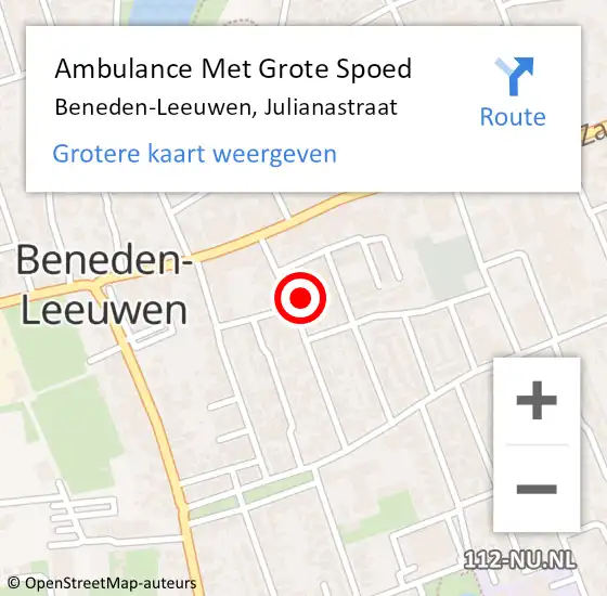 Locatie op kaart van de 112 melding: Ambulance Met Grote Spoed Naar Beneden-Leeuwen, Julianastraat op 28 juni 2021 06:06