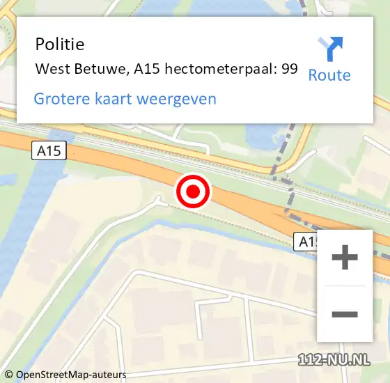 Locatie op kaart van de 112 melding: Politie Lingewaal, A15 hectometerpaal: 99 op 28 juni 2021 06:10