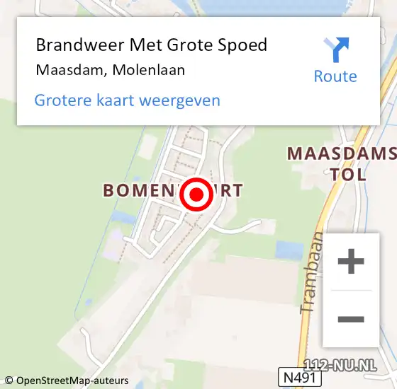 Locatie op kaart van de 112 melding: Brandweer Met Grote Spoed Naar Maasdam, Molenlaan op 28 juni 2021 09:30