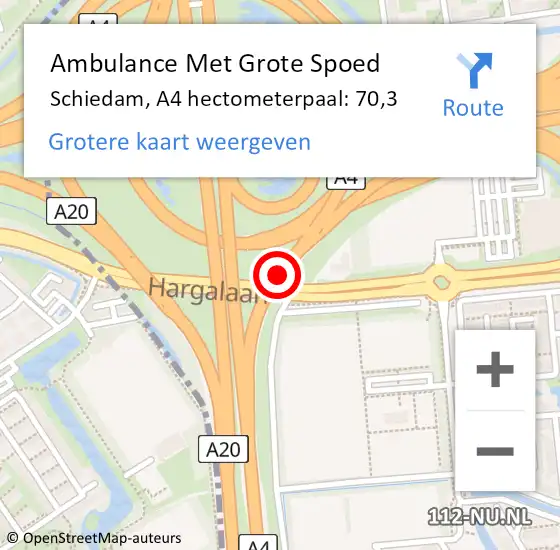 Locatie op kaart van de 112 melding: Ambulance Met Grote Spoed Naar Schiedam, A4 hectometerpaal: 70,3 op 28 juni 2021 10:38