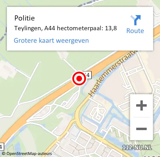 Locatie op kaart van de 112 melding: Politie Teylingen, A44 hectometerpaal: 13,8 op 28 juni 2021 12:44