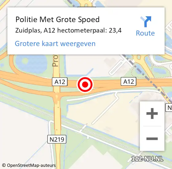 Locatie op kaart van de 112 melding: Politie Met Grote Spoed Naar Zuidplas, A12 hectometerpaal: 23,4 op 28 juni 2021 13:12