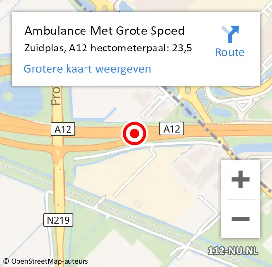 Locatie op kaart van de 112 melding: Ambulance Met Grote Spoed Naar Zuidplas, A12 hectometerpaal: 23,5 op 28 juni 2021 13:16