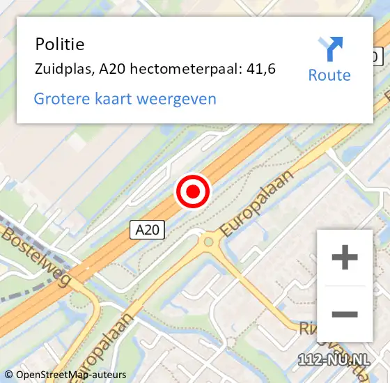 Locatie op kaart van de 112 melding: Politie Zuidplas, A20 hectometerpaal: 41,6 op 28 juni 2021 16:19