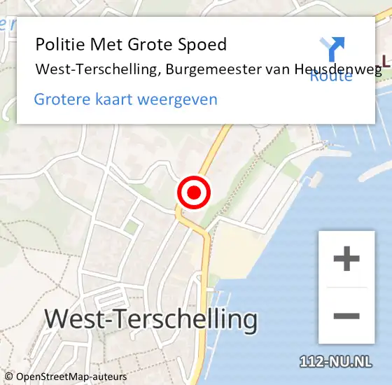 Locatie op kaart van de 112 melding: Politie Met Grote Spoed Naar West-Terschelling, Burgemeester van Heusdenweg op 28 juni 2021 16:38