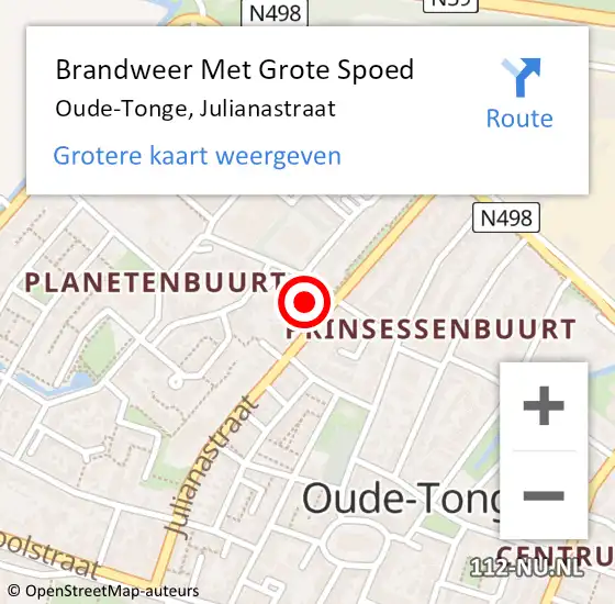 Locatie op kaart van de 112 melding: Brandweer Met Grote Spoed Naar Oude-Tonge, Julianastraat op 28 juni 2021 17:10