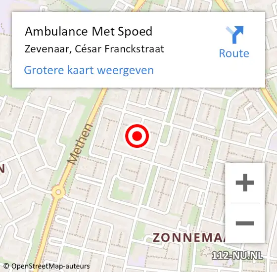 Locatie op kaart van de 112 melding: Ambulance Met Spoed Naar Zevenaar, César Franckstraat op 28 juni 2021 17:19