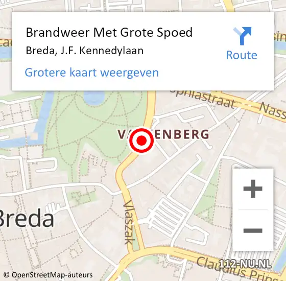 Locatie op kaart van de 112 melding: Brandweer Met Grote Spoed Naar Breda, J.F. Kennedylaan op 28 juni 2021 18:27