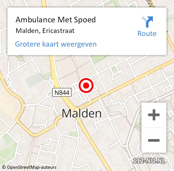 Locatie op kaart van de 112 melding: Ambulance Met Spoed Naar Malden, Ericastraat op 28 juni 2021 18:34