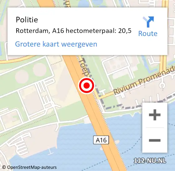 Locatie op kaart van de 112 melding: Politie Rotterdam, A16 hectometerpaal: 20,5 op 28 juni 2021 19:29