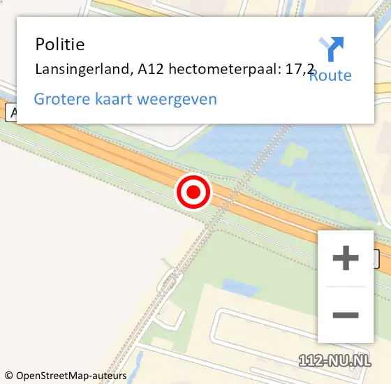 Locatie op kaart van de 112 melding: Politie Lansingerland, A12 hectometerpaal: 17,2 op 28 juni 2021 19:48