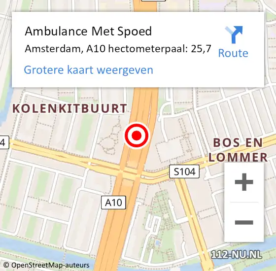 Locatie op kaart van de 112 melding: Ambulance Met Spoed Naar Amsterdam, A10 hectometerpaal: 25,7 op 29 juni 2021 08:46