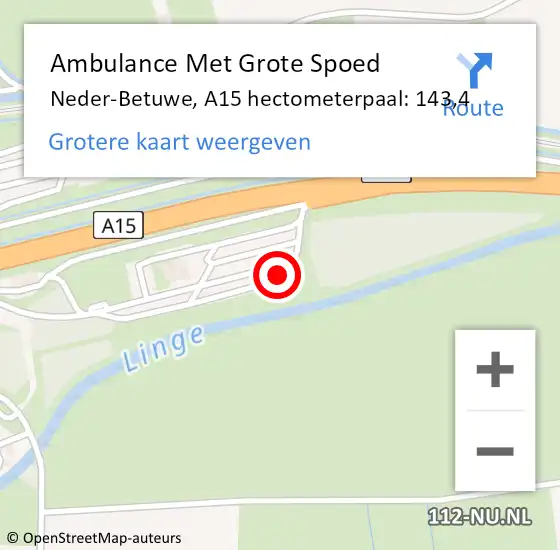 Locatie op kaart van de 112 melding: Ambulance Met Grote Spoed Naar Neder-Betuwe, A15 hectometerpaal: 143,4 op 29 juni 2021 09:32