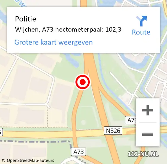 Locatie op kaart van de 112 melding: Politie Wijchen, A73 hectometerpaal: 102,3 op 29 juni 2021 09:34