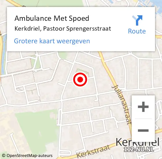 Locatie op kaart van de 112 melding: Ambulance Met Spoed Naar Kerkdriel, Pastoor Sprengersstraat op 29 juni 2021 11:03