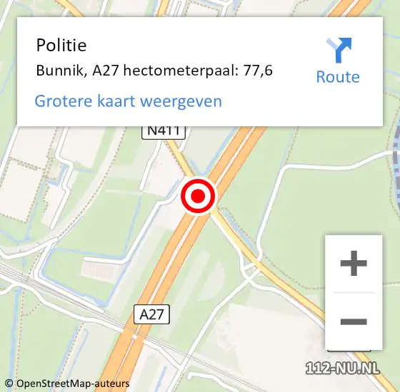 Locatie op kaart van de 112 melding: Politie Bunnik, A27 hectometerpaal: 77,6 op 29 juni 2021 15:46