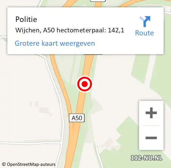 Locatie op kaart van de 112 melding: Politie Wijchen, A50 hectometerpaal: 142,1 op 29 juni 2021 15:52