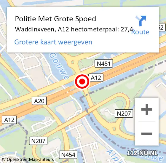 Locatie op kaart van de 112 melding: Politie Met Grote Spoed Naar Waddinxveen, A12 hectometerpaal: 27,4 op 29 juni 2021 16:27