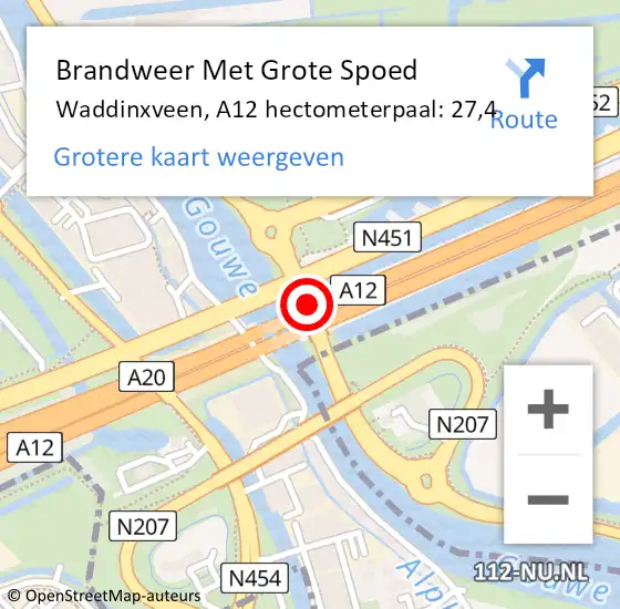 Locatie op kaart van de 112 melding: Brandweer Met Grote Spoed Naar Waddinxveen, A12 hectometerpaal: 27,4 op 29 juni 2021 16:28