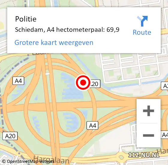 Locatie op kaart van de 112 melding: Politie Schiedam, A4 hectometerpaal: 69,9 op 29 juni 2021 17:00