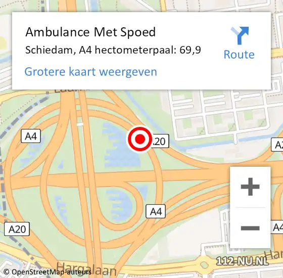 Locatie op kaart van de 112 melding: Ambulance Met Spoed Naar Schiedam, A4 hectometerpaal: 69,9 op 29 juni 2021 17:06