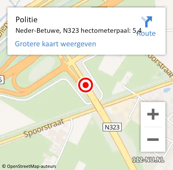 Locatie op kaart van de 112 melding: Politie Neder-Betuwe, N323 hectometerpaal: 5,4 op 30 juni 2021 00:54
