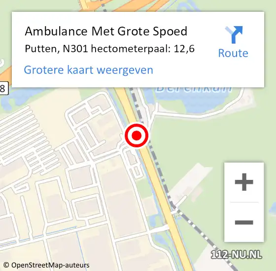 Locatie op kaart van de 112 melding: Ambulance Met Grote Spoed Naar Putten, N301 hectometerpaal: 12,6 op 30 juni 2021 07:41