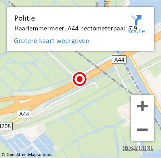 Locatie op kaart van de 112 melding: Politie Haarlemmermeer, A44 hectometerpaal: 7,9 op 30 juni 2021 08:56