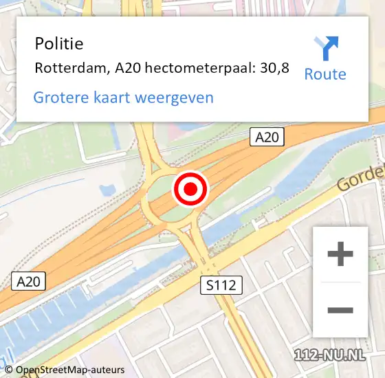 Locatie op kaart van de 112 melding: Politie Rotterdam, A20 hectometerpaal: 30,8 op 30 juni 2021 14:39
