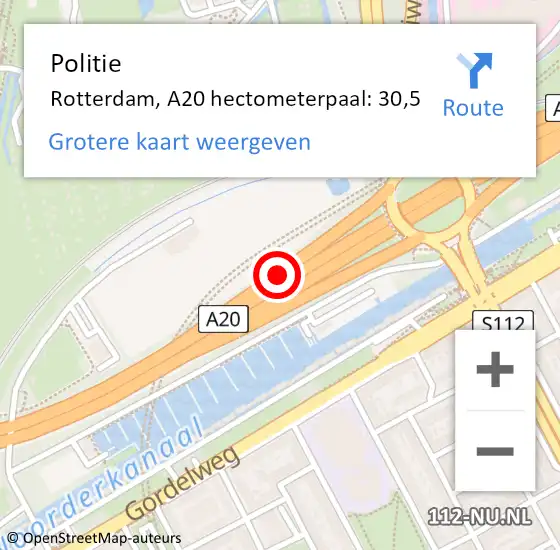 Locatie op kaart van de 112 melding: Politie Rotterdam, A20 hectometerpaal: 30,5 op 30 juni 2021 14:40