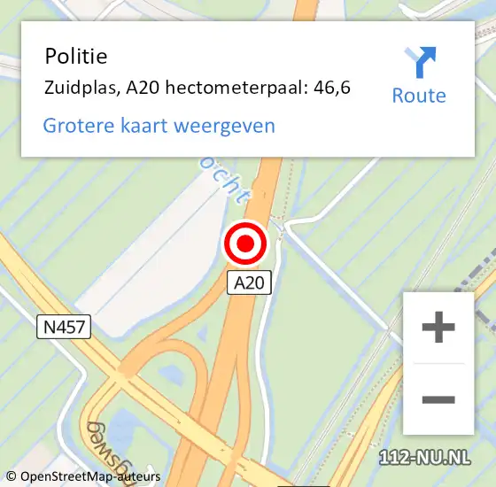 Locatie op kaart van de 112 melding: Politie Zuidplas, A20 hectometerpaal: 46,6 op 30 juni 2021 15:40