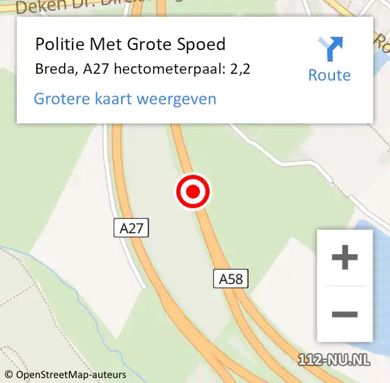 Locatie op kaart van de 112 melding: Politie Met Grote Spoed Naar Breda, A27 hectometerpaal: 2,2 op 30 juni 2021 15:44