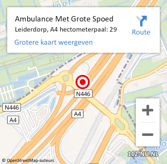 Locatie op kaart van de 112 melding: Ambulance Met Grote Spoed Naar Leiderdorp, A4 hectometerpaal: 29 op 30 juni 2021 15:50