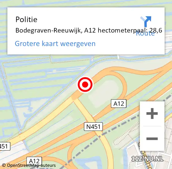 Locatie op kaart van de 112 melding: Politie Bodegraven-Reeuwijk, A12 hectometerpaal: 28,6 op 30 juni 2021 16:29
