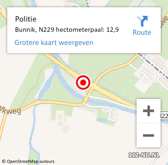 Locatie op kaart van de 112 melding: Politie Bunnik, N229 hectometerpaal: 12,9 op 30 juni 2021 17:21