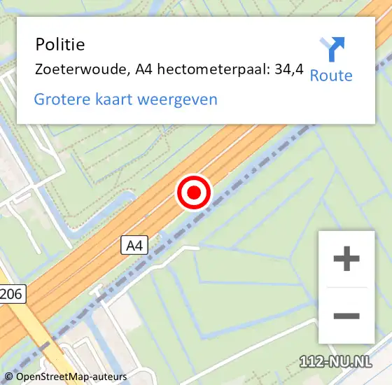 Locatie op kaart van de 112 melding: Politie Zoeterwoude, A4 hectometerpaal: 34,4 op 30 juni 2021 17:51