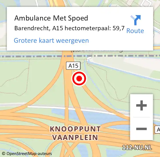 Locatie op kaart van de 112 melding: Ambulance Met Spoed Naar Barendrecht, A15 hectometerpaal: 59,7 op 30 juni 2021 17:57