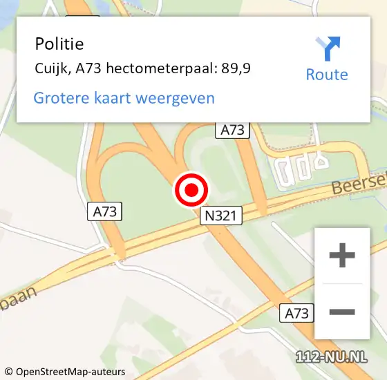 Locatie op kaart van de 112 melding: Politie Cuijk, A73 hectometerpaal: 89,9 op 30 juni 2021 17:59