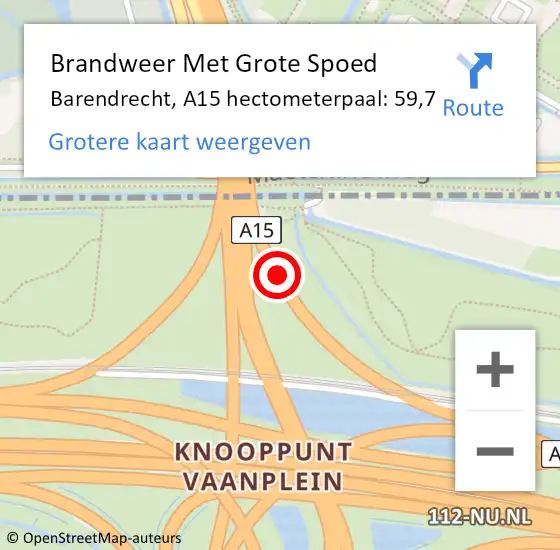 Locatie op kaart van de 112 melding: Brandweer Met Grote Spoed Naar Barendrecht, A15 hectometerpaal: 59,7 op 30 juni 2021 18:06