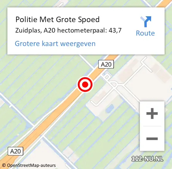 Locatie op kaart van de 112 melding: Politie Met Grote Spoed Naar Zuidplas, A20 hectometerpaal: 43,7 op 30 juni 2021 18:27