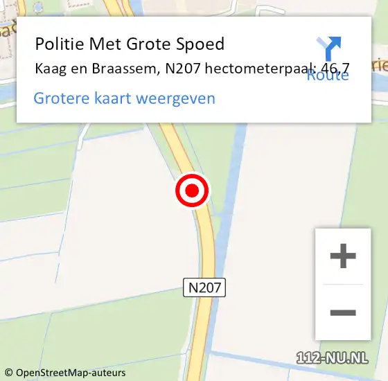 Locatie op kaart van de 112 melding: Politie Met Grote Spoed Naar Kaag en Braassem, N207 hectometerpaal: 46,7 op 30 juni 2021 18:33